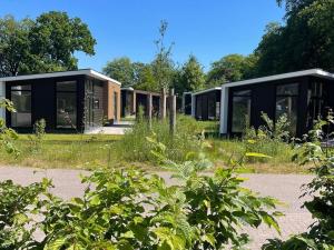 Sint NicolaasgaにあるHoliday home in Sint Nicolaasga by the waterの野原に並ぶ黒いモジュールハウス +12枚の写真