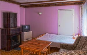 a room with a bed and a tv and a fireplace at Patarei Apartment in Tallinn