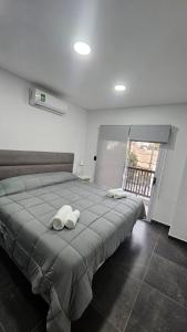 a bedroom with a bed with two pillows on it at Nova Suites , a estrenar con asador y cochera privada in Villa Mercedes