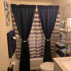 a bathroom with a shower curtain and a toilet at Peace and tranquility in Davenport +23 photos
