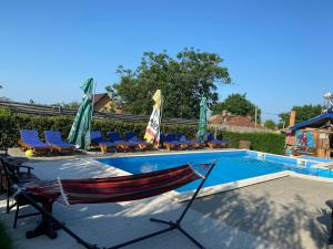 a hammock is sitting next to a swimming pool at Casa Flavia in Mahmudia