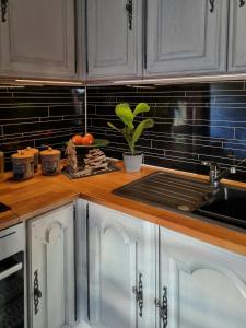 a kitchen with white cabinets and a sink at Traditional Family Cabin Near Rabalen in Bagn