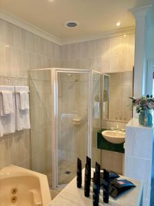 a bathroom with a shower and a sink at Turners Vineyard Motel in Orange +55 photos