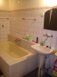 a bathroom with a bath tub and a sink at Locomotive Hostel in Budapest