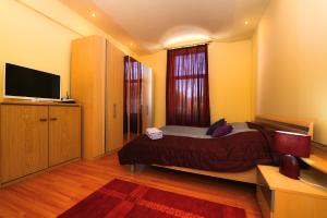 a bedroom with a large bed and a flat screen tv at Casa Ovi și Simo in Haţeg