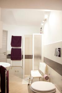 ein Bad mit WC und lila Handtüchern in der Unterkunft Casa Vacanze Evelina in Bagnoregio