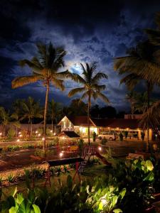 a resort with palm trees and lights at night at Cozycaza resort in Padinjarathara