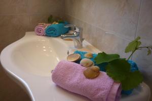 a bathroom sink with a towel and seashells on it at Apartment Seline in Seline +71 photos