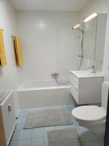 a bathroom with a toilet and a tub and a sink at Apartmenthaus Sonnenschein Top3 in Dornbirn +5 photos