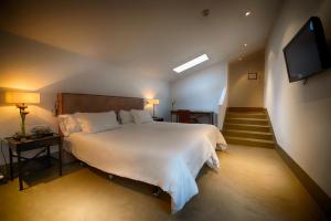 a bedroom with a large bed and a television at Palacio Carvajal Girón in Plasencia