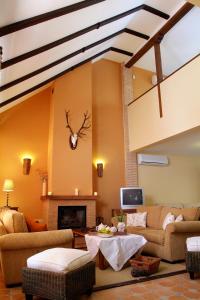 a living room with couches and a fireplace at Casa Rural Alcancia in Consuegra