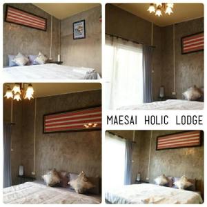three pictures of a bedroom with a bed and a window at Maesai Holic Lodge in Ban Pa Yang