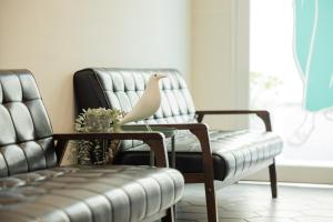 uma sala de estar com duas cadeiras e um pássaro em uma mesa em Meant to Be em Chiayi City