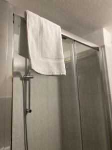 a towel hanging over a shower in a bathroom at Bellagio Little Apartment in Bellagio