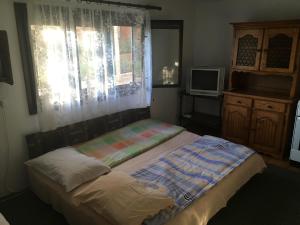a bedroom with a bed with a window and a television at Guest House Nada in Soko Banja
