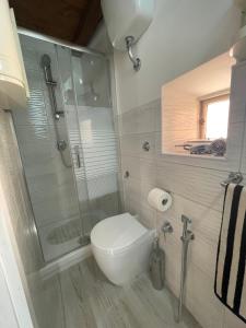 a bathroom with a toilet and a glass shower at Romantic House in Trevignano Romano