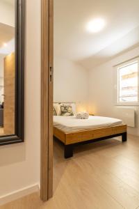 a bedroom with a bed and a mirror at Le Moulin paradis entre Genève&Annecy in Viry