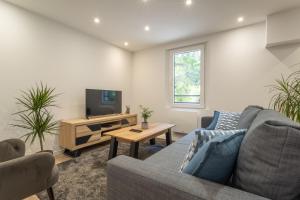 a living room with a couch and a tv at Le Moulin paradis entre Genève&Annecy in Viry