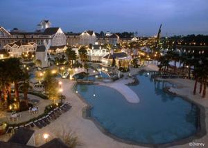 an aerial view of a resort at night at Disney's Beach Club Resort in Orlando