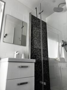 a bathroom with a shower and a sink and a mirror at MK Hornik Apartament in Kowary