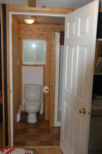 uma pequena casa de banho com um WC e uma janela em Gurus Of Gravel Bike Retreat Guest Cabin em Clearwater