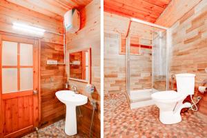 two pictures of a bathroom with a toilet and a sink at Collection O Morjim Beach in Goa