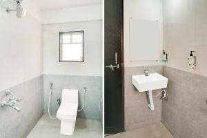 two pictures of a bathroom with a toilet and a sink at Collection O Lohegaon Pune Airport in Pune