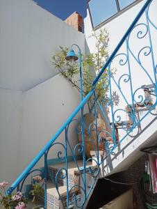 a stairway with blue railings and plants at Dar Warda in Bizerte