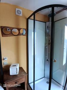 a glass shower in a bathroom with a mirror at La Haute Brunie in Roussines +27 photos