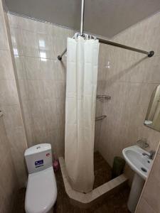 a bathroom with a toilet and a shower curtain at Jany Tilek in Bosteri