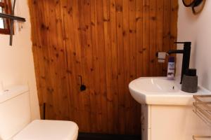 La salle de bains est pourvue d'un lavabo et d'un mur en bois. dans l'établissement Nkoyoyo Mountain Cabin, à Mbabane 26 autres photos