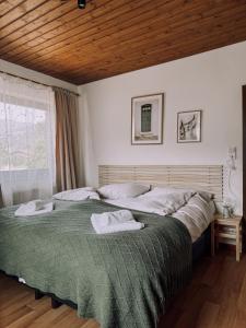ein Schlafzimmer mit einem großen Bett, auf dem zwei Handtücher liegen in der Unterkunft Das Luis in Altenmarkt im Pongau