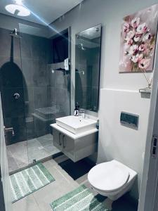 a bathroom with a toilet and a sink and a shower at Zimbali Lakes Resort Ocean Club D24 in Ballito