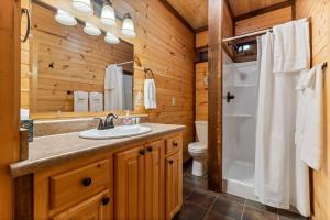 a bathroom with a sink and a shower and a toilet at Tree Top Hideaway - Private with Games Firepit More in Blue Ridge +37 photos