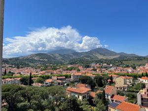 a view of a town with mountains in the background at Vue Panoramique Exceptionnelle Mer, Montagne et Village l T2 Luxueux in Banyuls-sur-Mer
