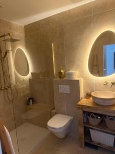 a bathroom with a toilet and a sink and a shower at Jolie villa au calme avec piscine in Méounes-lès-Montrieux