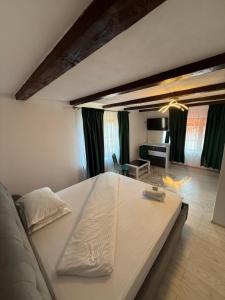 a bedroom with a large bed and a living room at Pensiunea Diana in Novaci