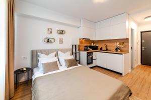 Η κουζίνα ή μικρή κουζίνα στο Lake Sunset Studio - aproape de plajă, nou, modern +58 φωτογραφίες
