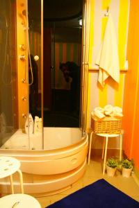 een badkamer met een douche en een wastafel bij Kamienica Górna 7 in Olsztyn