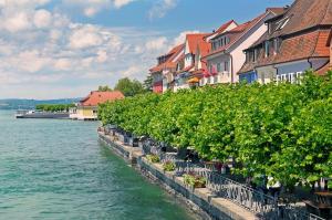 a row of buildings next to the water with vines at FeWo Lupi in Stockach