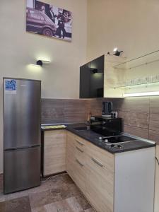 Una cocina con refrigerador y gabinetes de acero inoxidable. en Downtown Apartman - Friends, en Győr