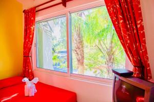 a room with a window with red curtains and a tv at Playacar - Executive Budget Room With Swimming Pool Air Conditioning and Parking in Playa del Carmen