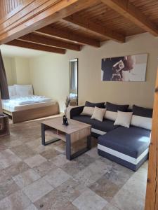 una sala de estar con un sofá y una cama en Downtown Apartman - Friends, en Győr