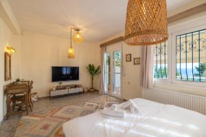 a bedroom with a bed and a tv and windows at Halkidiki Boho Pool Beach House in Gerakini