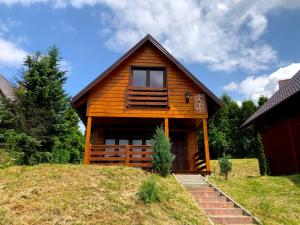 a wooden cabin with a balcony on a hill at Staś in Zarzecze