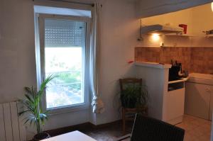 a kitchen with a window and a table with a plant at CEZANNe in Peynier