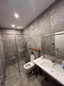 Un baño con ducha, inodoro y lavabo. en Apartment in flic en Flac, en Flic en Flac