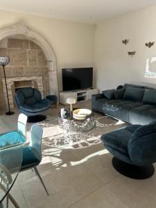 a living room with blue couches and a tv at Le Domaine du Château in Seynod
