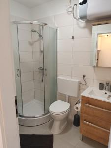 a bathroom with a shower and a toilet and a sink at Silvo Apartments in Koper +63 photos