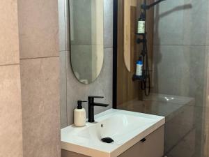 un lavandino in bagno con specchio e doccia di Kościuszki 4a Comfort Suite a Rawicz